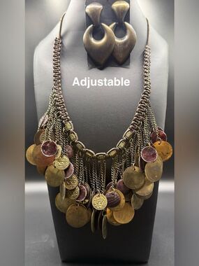 193. Adjustable Boho Coin Fringe Necklace in Brass and Burgundy